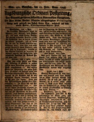 Augsburgische Ordinari Postzeitung von Staats-, gelehrten, historisch- u. ökonomischen Neuigkeiten (Augsburger Postzeitung) Samstag 17. Februar 1798