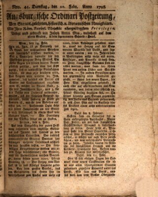 Augsburgische Ordinari Postzeitung von Staats-, gelehrten, historisch- u. ökonomischen Neuigkeiten (Augsburger Postzeitung) Dienstag 20. Februar 1798