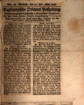 Augsburgische Ordinari Postzeitung von Staats-, gelehrten, historisch- u. ökonomischen Neuigkeiten (Augsburger Postzeitung) Mittwoch 21. Februar 1798