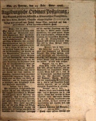 Augsburgische Ordinari Postzeitung von Staats-, gelehrten, historisch- u. ökonomischen Neuigkeiten (Augsburger Postzeitung) Freitag 23. Februar 1798