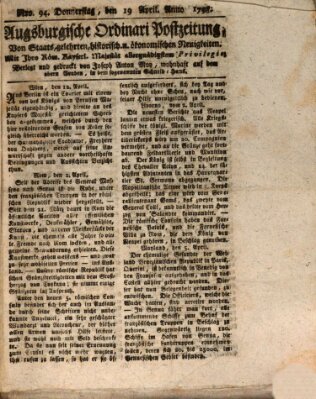 Augsburgische Ordinari Postzeitung von Staats-, gelehrten, historisch- u. ökonomischen Neuigkeiten (Augsburger Postzeitung) Donnerstag 19. April 1798