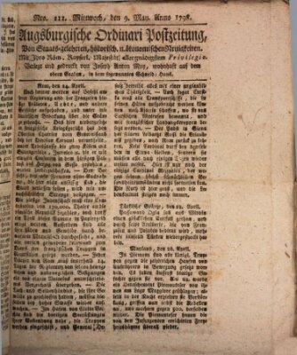 Augsburgische Ordinari Postzeitung von Staats-, gelehrten, historisch- u. ökonomischen Neuigkeiten (Augsburger Postzeitung) Mittwoch 9. Mai 1798