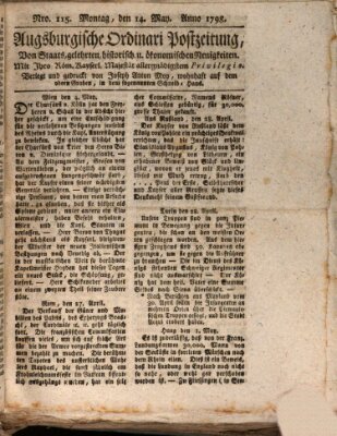 Augsburgische Ordinari Postzeitung von Staats-, gelehrten, historisch- u. ökonomischen Neuigkeiten (Augsburger Postzeitung) Montag 14. Mai 1798