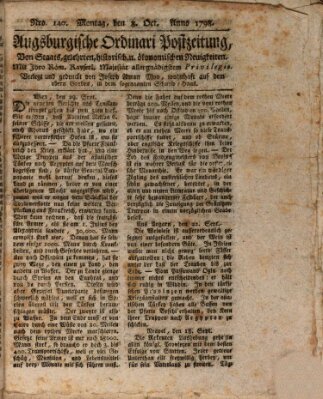 Augsburgische Ordinari Postzeitung von Staats-, gelehrten, historisch- u. ökonomischen Neuigkeiten (Augsburger Postzeitung) Montag 8. Oktober 1798