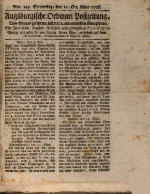 Augsburgische Ordinari Postzeitung von Staats-, gelehrten, historisch- u. ökonomischen Neuigkeiten (Augsburger Postzeitung) Donnerstag 11. Oktober 1798