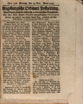 Augsburgische Ordinari Postzeitung von Staats-, gelehrten, historisch- u. ökonomischen Neuigkeiten (Augsburger Postzeitung) Montag 19. November 1798