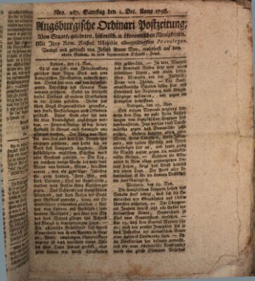 Augsburgische Ordinari Postzeitung von Staats-, gelehrten, historisch- u. ökonomischen Neuigkeiten (Augsburger Postzeitung) Samstag 1. Dezember 1798