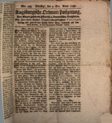 Augsburgische Ordinari Postzeitung von Staats-, gelehrten, historisch- u. ökonomischen Neuigkeiten (Augsburger Postzeitung) Dienstag 4. Dezember 1798