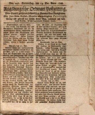 Augsburgische Ordinari Postzeitung von Staats-, gelehrten, historisch- u. ökonomischen Neuigkeiten (Augsburger Postzeitung) Donnerstag 13. Dezember 1798