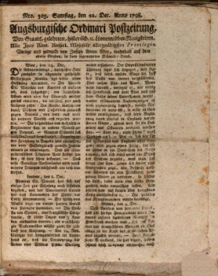 Augsburgische Ordinari Postzeitung von Staats-, gelehrten, historisch- u. ökonomischen Neuigkeiten (Augsburger Postzeitung) Samstag 22. Dezember 1798