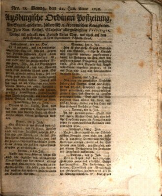 Augsburgische Ordinari Postzeitung von Staats-, gelehrten, historisch- u. ökonomischen Neuigkeiten (Augsburger Postzeitung) Montag 21. Januar 1799
