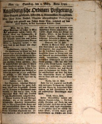 Augsburgische Ordinari Postzeitung von Staats-, gelehrten, historisch- u. ökonomischen Neuigkeiten (Augsburger Postzeitung) Samstag 2. März 1799