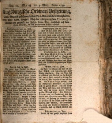 Augsburgische Ordinari Postzeitung von Staats-, gelehrten, historisch- u. ökonomischen Neuigkeiten (Augsburger Postzeitung) Montag 4. März 1799