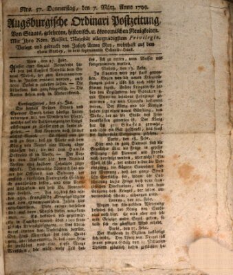 Augsburgische Ordinari Postzeitung von Staats-, gelehrten, historisch- u. ökonomischen Neuigkeiten (Augsburger Postzeitung) Donnerstag 7. März 1799