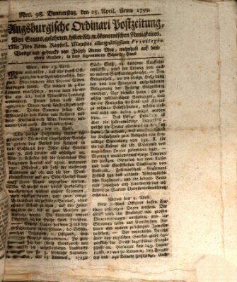 Augsburgische Ordinari Postzeitung von Staats-, gelehrten, historisch- u. ökonomischen Neuigkeiten (Augsburger Postzeitung) Donnerstag 25. April 1799