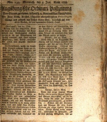 Augsburgische Ordinari Postzeitung von Staats-, gelehrten, historisch- u. ökonomischen Neuigkeiten (Augsburger Postzeitung) Mittwoch 5. Juni 1799