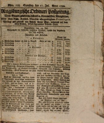 Augsburgische Ordinari Postzeitung von Staats-, gelehrten, historisch- u. ökonomischen Neuigkeiten (Augsburger Postzeitung) Samstag 27. Juli 1799