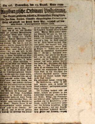 Augsburgische Ordinari Postzeitung von Staats-, gelehrten, historisch- u. ökonomischen Neuigkeiten (Augsburger Postzeitung) Donnerstag 29. August 1799