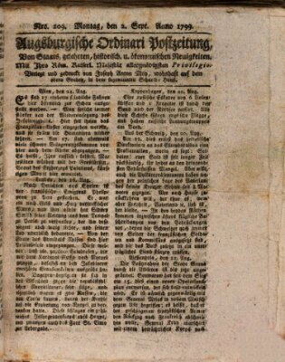 Augsburgische Ordinari Postzeitung von Staats-, gelehrten, historisch- u. ökonomischen Neuigkeiten (Augsburger Postzeitung) Montag 2. September 1799