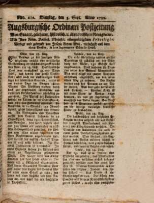 Augsburgische Ordinari Postzeitung von Staats-, gelehrten, historisch- u. ökonomischen Neuigkeiten (Augsburger Postzeitung) Dienstag 3. September 1799