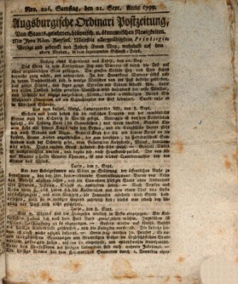 Augsburgische Ordinari Postzeitung von Staats-, gelehrten, historisch- u. ökonomischen Neuigkeiten (Augsburger Postzeitung) Samstag 21. September 1799