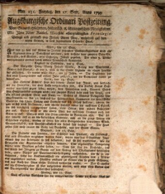 Augsburgische Ordinari Postzeitung von Staats-, gelehrten, historisch- u. ökonomischen Neuigkeiten (Augsburger Postzeitung) Freitag 27. September 1799