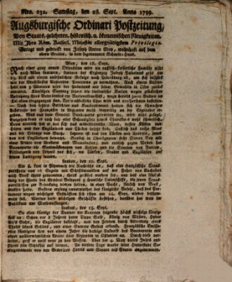 Augsburgische Ordinari Postzeitung von Staats-, gelehrten, historisch- u. ökonomischen Neuigkeiten (Augsburger Postzeitung) Samstag 28. September 1799