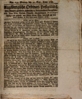 Augsburgische Ordinari Postzeitung von Staats-, gelehrten, historisch- u. ökonomischen Neuigkeiten (Augsburger Postzeitung) Montag 30. September 1799