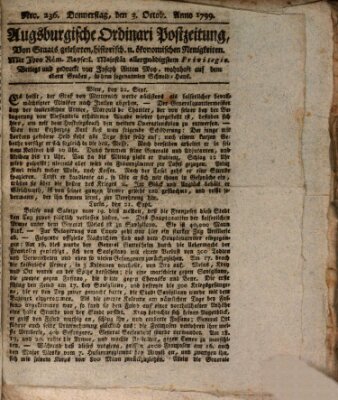 Augsburgische Ordinari Postzeitung von Staats-, gelehrten, historisch- u. ökonomischen Neuigkeiten (Augsburger Postzeitung) Donnerstag 3. Oktober 1799