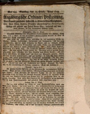 Augsburgische Ordinari Postzeitung von Staats-, gelehrten, historisch- u. ökonomischen Neuigkeiten (Augsburger Postzeitung) Samstag 12. Oktober 1799