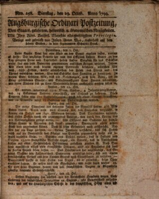 Augsburgische Ordinari Postzeitung von Staats-, gelehrten, historisch- u. ökonomischen Neuigkeiten (Augsburger Postzeitung) Dienstag 29. Oktober 1799