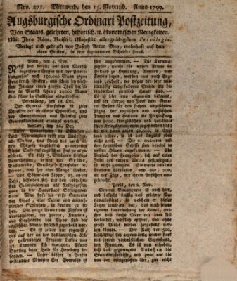 Augsburgische Ordinari Postzeitung von Staats-, gelehrten, historisch- u. ökonomischen Neuigkeiten (Augsburger Postzeitung) Mittwoch 13. November 1799