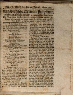 Augsburgische Ordinari Postzeitung von Staats-, gelehrten, historisch- u. ökonomischen Neuigkeiten (Augsburger Postzeitung) Donnerstag 21. November 1799