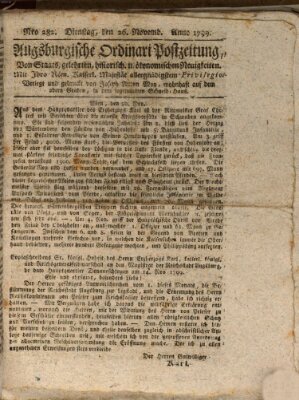 Augsburgische Ordinari Postzeitung von Staats-, gelehrten, historisch- u. ökonomischen Neuigkeiten (Augsburger Postzeitung) Tuesday 26. November 1799