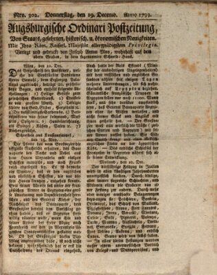 Augsburgische Ordinari Postzeitung von Staats-, gelehrten, historisch- u. ökonomischen Neuigkeiten (Augsburger Postzeitung) Donnerstag 19. Dezember 1799