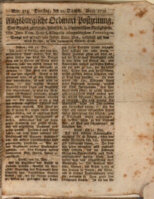 Augsburgische Ordinari Postzeitung von Staats-, gelehrten, historisch- u. ökonomischen Neuigkeiten (Augsburger Postzeitung) Dienstag 31. Dezember 1799