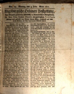 Augsburgische Ordinari Postzeitung von Staats-, gelehrten, historisch- u. ökonomischen Neuigkeiten (Augsburger Postzeitung) Montag 3. Februar 1800