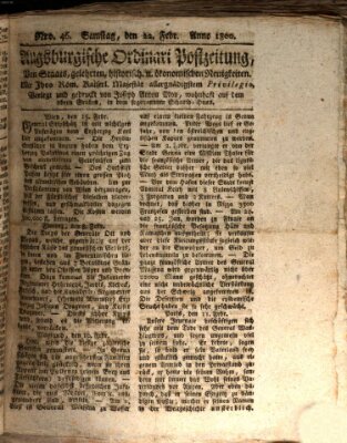 Augsburgische Ordinari Postzeitung von Staats-, gelehrten, historisch- u. ökonomischen Neuigkeiten (Augsburger Postzeitung) Samstag 22. Februar 1800