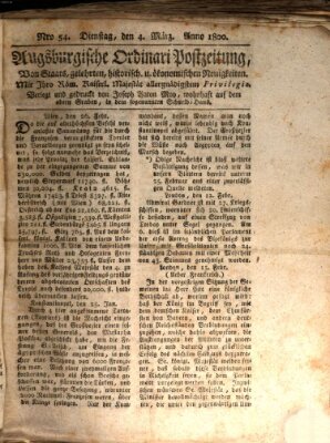 Augsburgische Ordinari Postzeitung von Staats-, gelehrten, historisch- u. ökonomischen Neuigkeiten (Augsburger Postzeitung) Dienstag 4. März 1800