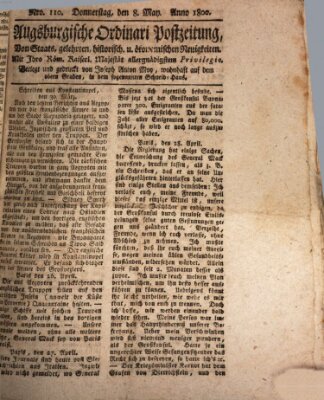 Augsburgische Ordinari Postzeitung von Staats-, gelehrten, historisch- u. ökonomischen Neuigkeiten (Augsburger Postzeitung) Donnerstag 8. Mai 1800