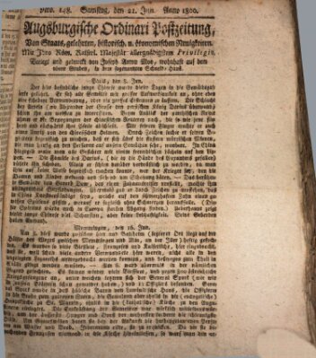 Augsburgische Ordinari Postzeitung von Staats-, gelehrten, historisch- u. ökonomischen Neuigkeiten (Augsburger Postzeitung) Samstag 21. Juni 1800