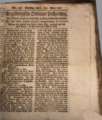 Augsburgische Ordinari Postzeitung von Staats-, gelehrten, historisch- u. ökonomischen Neuigkeiten (Augsburger Postzeitung) Dienstag 1. Juli 1800