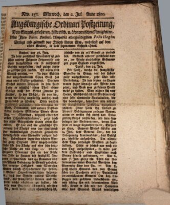 Augsburgische Ordinari Postzeitung von Staats-, gelehrten, historisch- u. ökonomischen Neuigkeiten (Augsburger Postzeitung) Mittwoch 2. Juli 1800