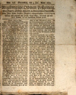 Augsburgische Ordinari Postzeitung von Staats-, gelehrten, historisch- u. ökonomischen Neuigkeiten (Augsburger Postzeitung) Donnerstag 3. Juli 1800