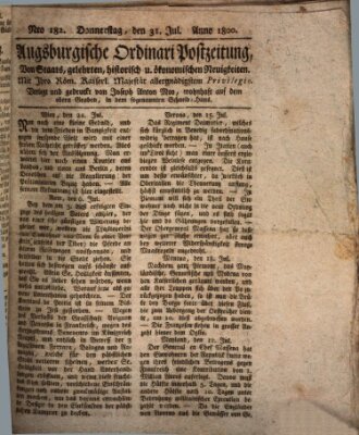 Augsburgische Ordinari Postzeitung von Staats-, gelehrten, historisch- u. ökonomischen Neuigkeiten (Augsburger Postzeitung) Donnerstag 31. Juli 1800