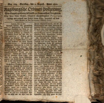 Augsburgische Ordinari Postzeitung von Staats-, gelehrten, historisch- u. ökonomischen Neuigkeiten (Augsburger Postzeitung) Samstag 2. August 1800