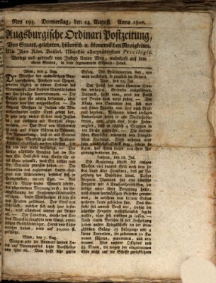 Augsburgische Ordinari Postzeitung von Staats-, gelehrten, historisch- u. ökonomischen Neuigkeiten (Augsburger Postzeitung) Donnerstag 14. August 1800