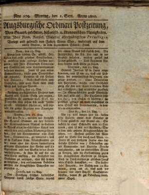 Augsburgische Ordinari Postzeitung von Staats-, gelehrten, historisch- u. ökonomischen Neuigkeiten (Augsburger Postzeitung) Montag 1. September 1800