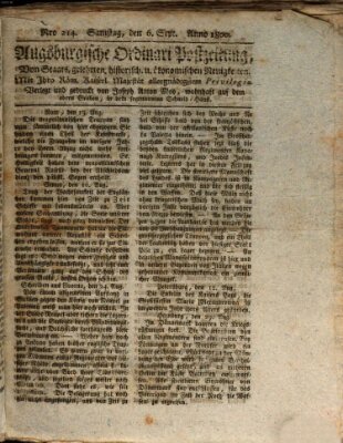 Augsburgische Ordinari Postzeitung von Staats-, gelehrten, historisch- u. ökonomischen Neuigkeiten (Augsburger Postzeitung) Samstag 6. September 1800