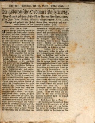 Augsburgische Ordinari Postzeitung von Staats-, gelehrten, historisch- u. ökonomischen Neuigkeiten (Augsburger Postzeitung) Montag 15. September 1800